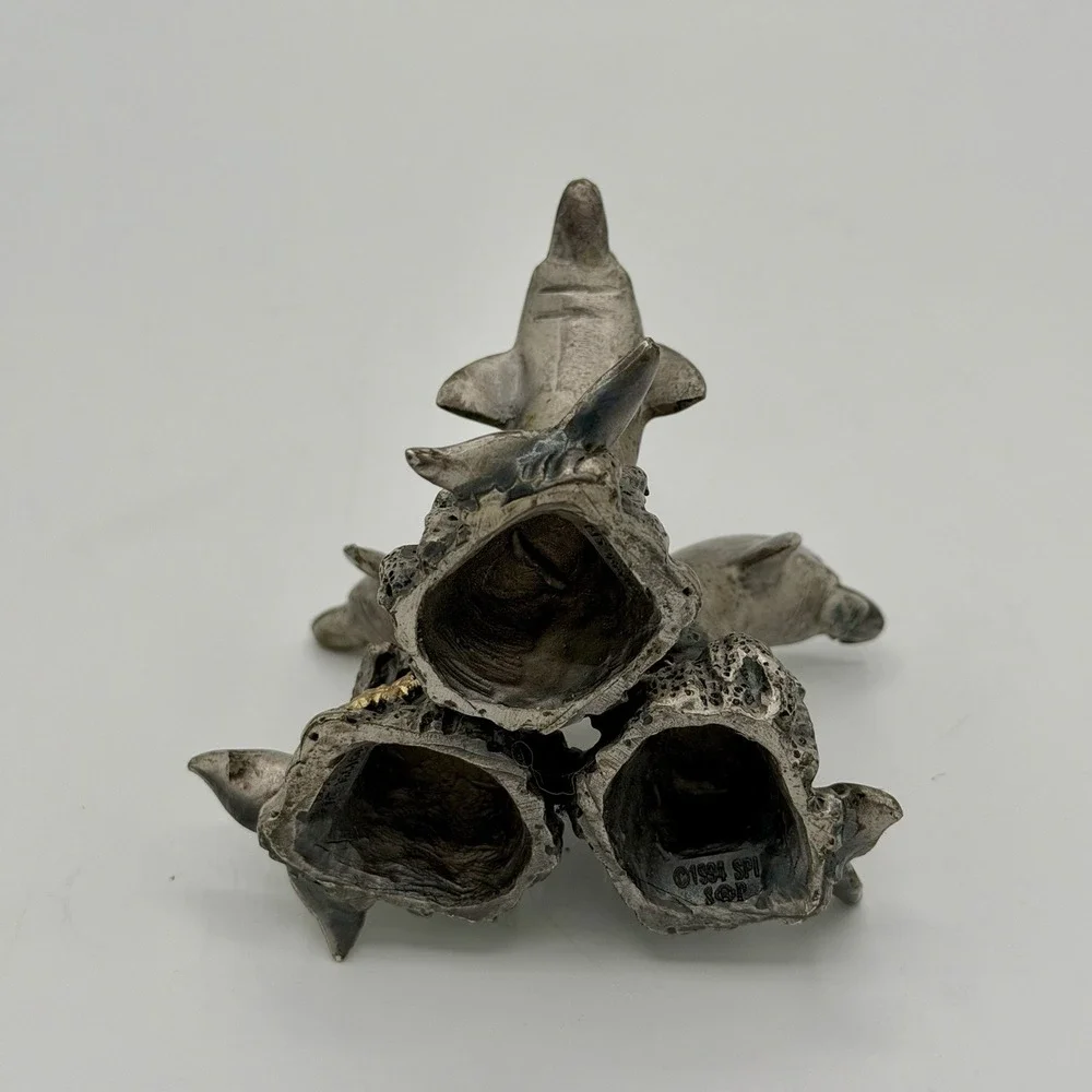 Vintage Three Dolphins Solid Pewter Stand Statue Figurine Paper Weight 1994